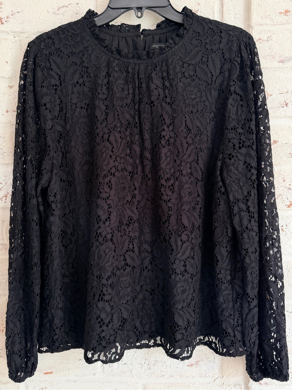 Ann Taylor Factory Black Floral Lace Overlay Blouse Sheer Sleeves XL Elegant Top - Picture 1 of 9